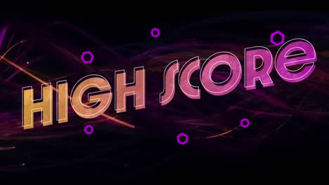 Animation-of-high-score-text-over-glowing-pink-and-orange-light-trails-in-background