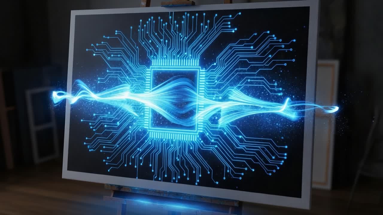 A Vibrant Visualization of Technological Innovation: A Circuit Board and Chip Design Illuminated with Glowing Blue Waves and Electric Energy Effects