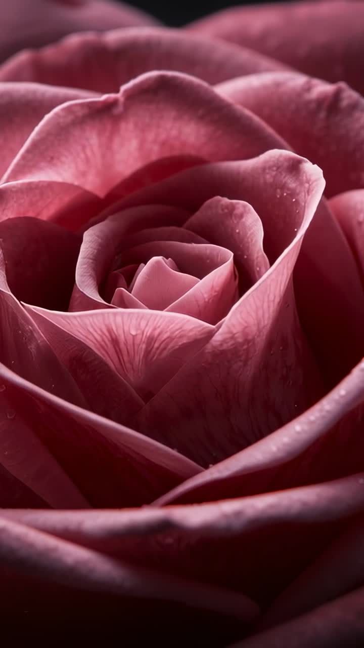 Video verticale: la messa a fuoco della camera rivela una rosa rosa intenso su uno sfondo scuro con goccioline