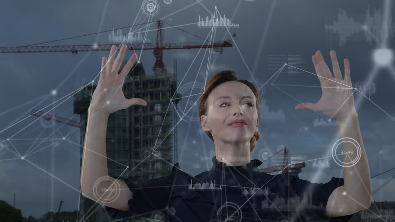 анимация кавказской женщины, касающейся виртуального экрана и сети соединений над городским пейзажем