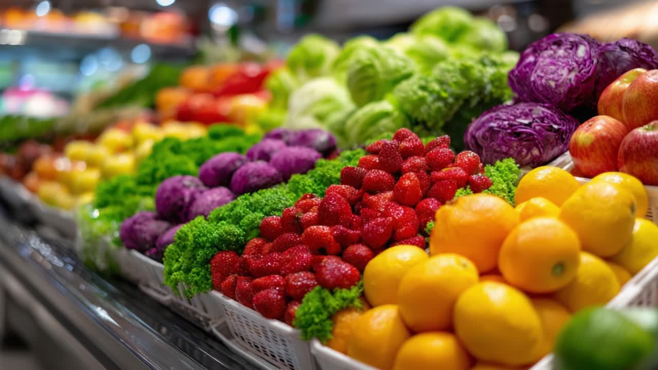 A Vibrant Display of Fresh Fruits and Vegetables Showcasing Nature's Bounty with a Colorful Array of Greens, Reds, Yellows, and Purples for Healthy Eating Choices
