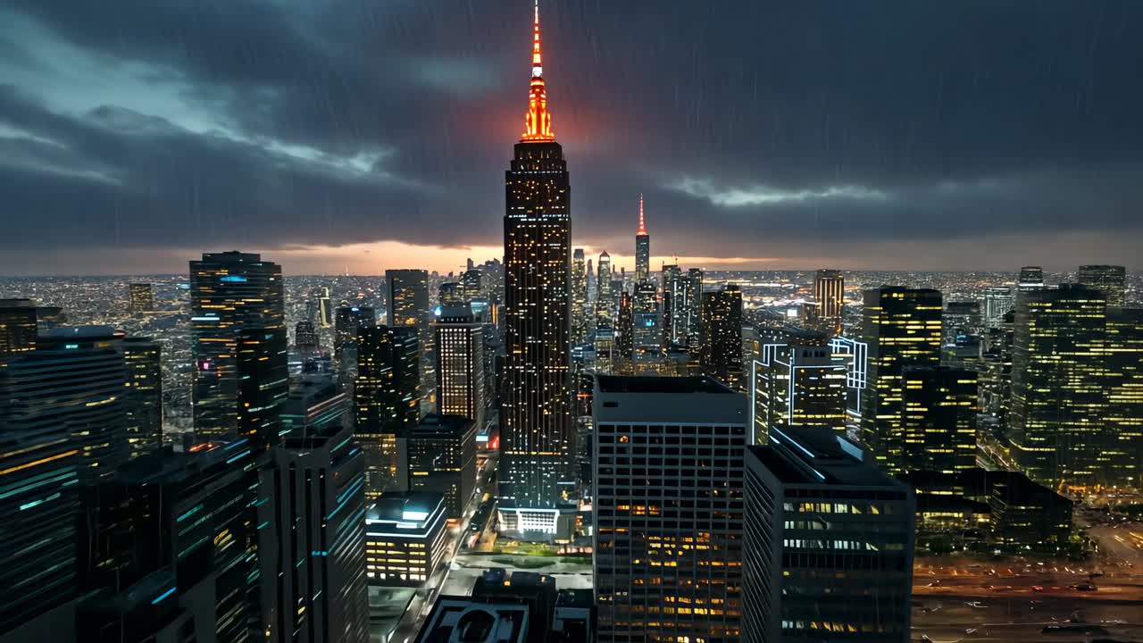 Gliding hyperlapse drone capturing midtown at dusk, revealing glowing Empire State spire