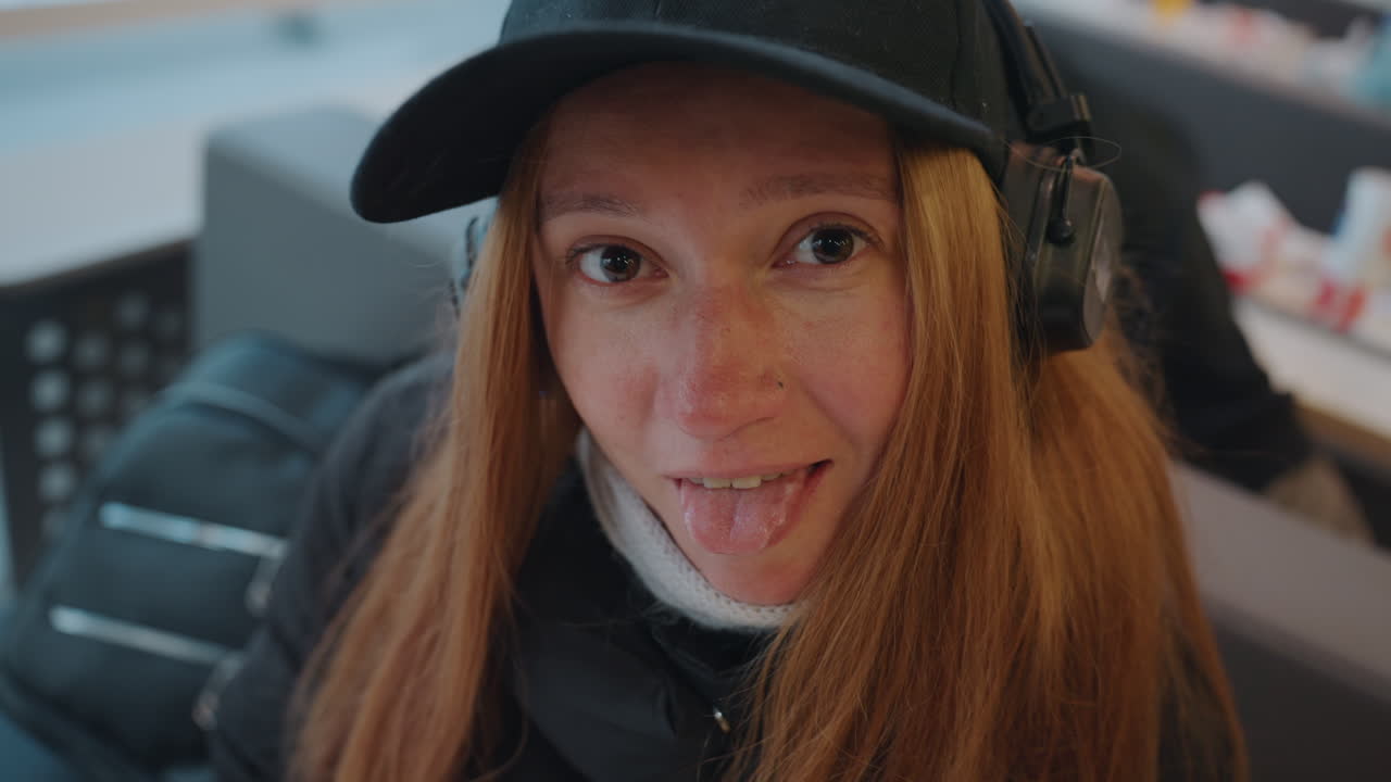 White woman with headphones at table, playful grin and tongue out, closeup portrait in busy terminal, freckles and cap, casual coat and backpack visible, lively social vibe, roles influencer
