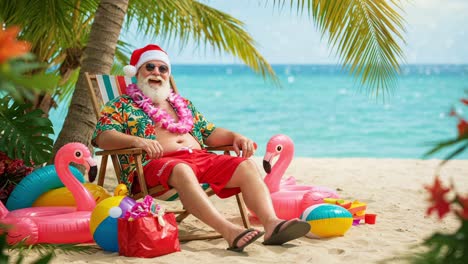 a relaxed santa claus enjoys a tropical beach paradise surrounded by colorful floats and decorations, embracing the festive spirit in a summer wonderland
