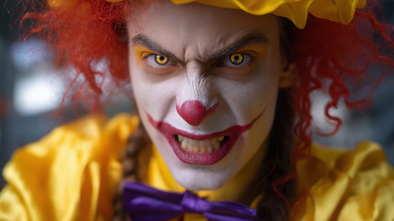 A Menacing Clown with Intense Gaze and Bold Colors Evokes Fear and Intrigue, Capturing Attention with Striking Features and Dramatic Expression in a Unique Portrait