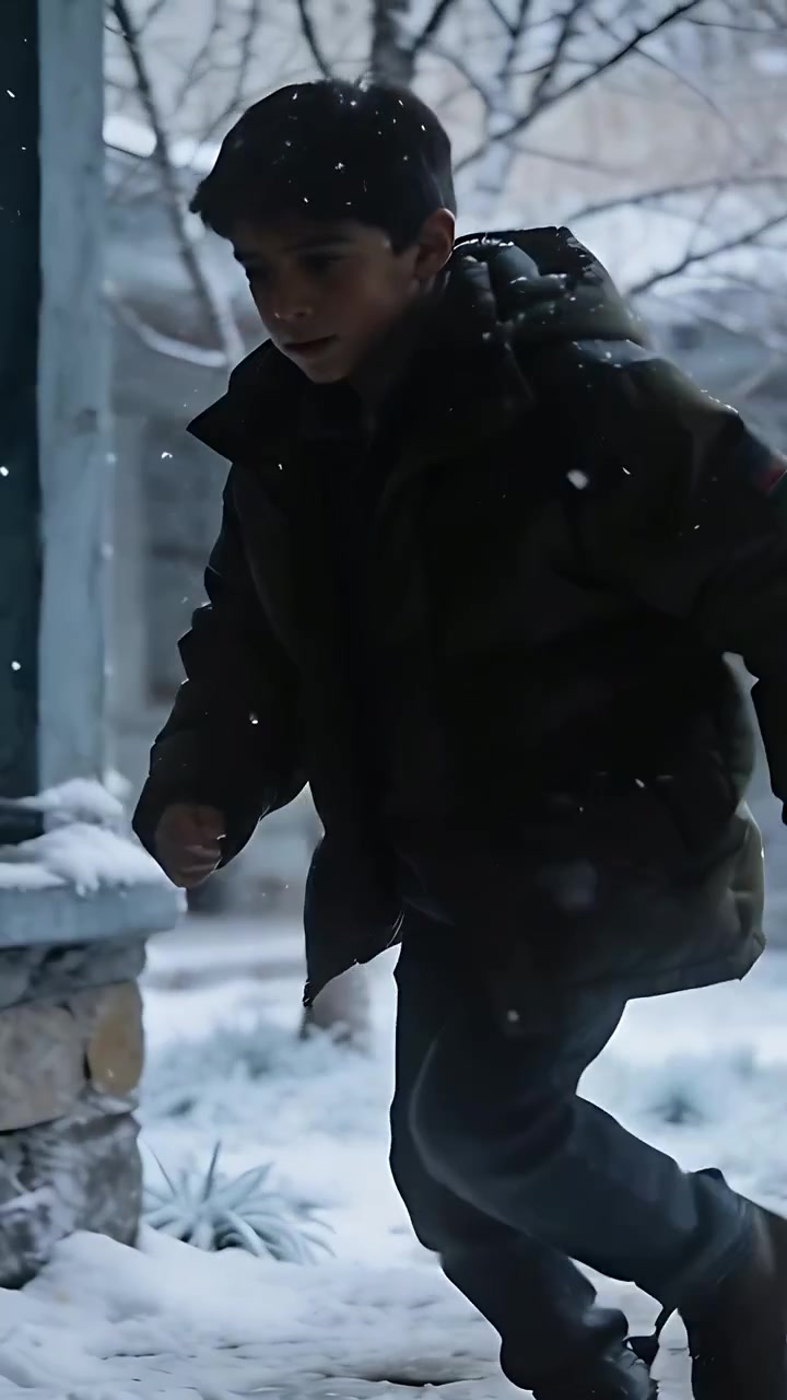 Vertical video: Snow falling, boy in green coat running to porch, stepping onto planter