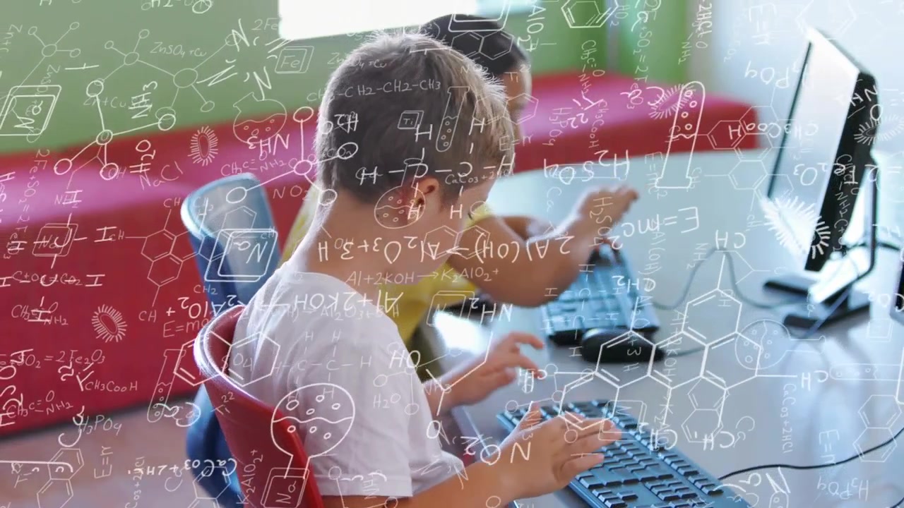 Girl front, boy back starting class, typing on keys, learning while formulas floating above screens
