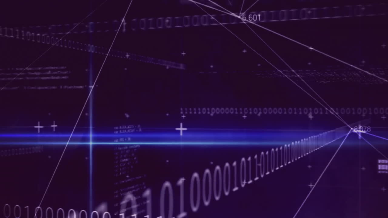 Binary code and digital data processing animation over dark blue background
