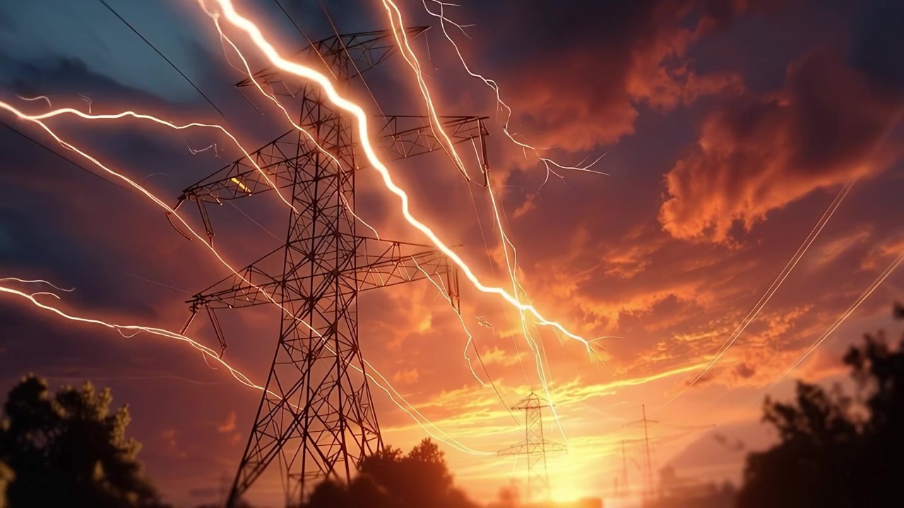 High Voltage Power Lines with Glowing Electricity at Sunset