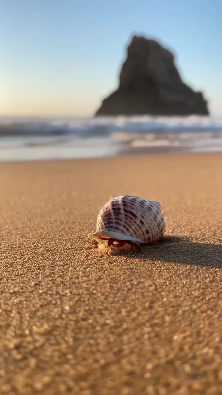 Close-up video of a seashell on sandy beach, low angle with a blurred rock in the background