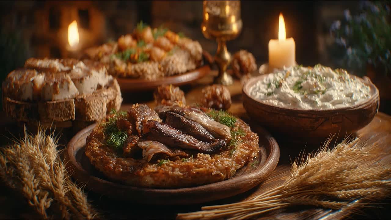 A Rustic Feast: Exquisite Platter of Roasted Meats, Fresh Bread, and Savory Sides, Perfectly Arranged for a Culinary Delight in Warm, Ambient Lighting