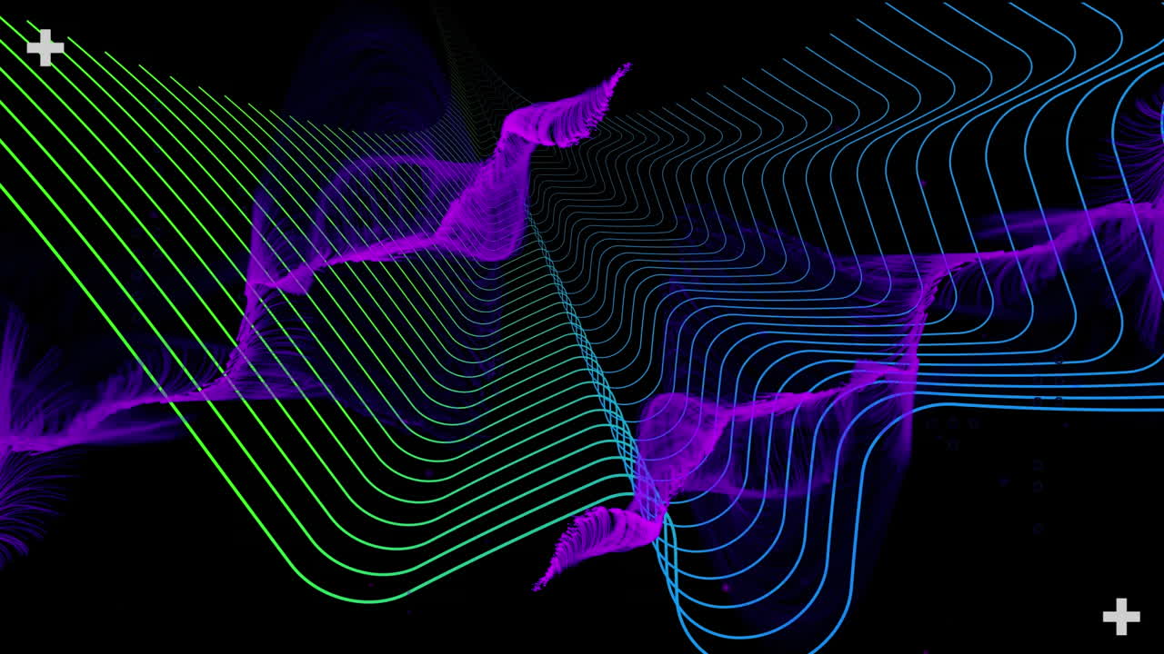 Animation of floating purple vapour over parallel green and blue lines, moving on black