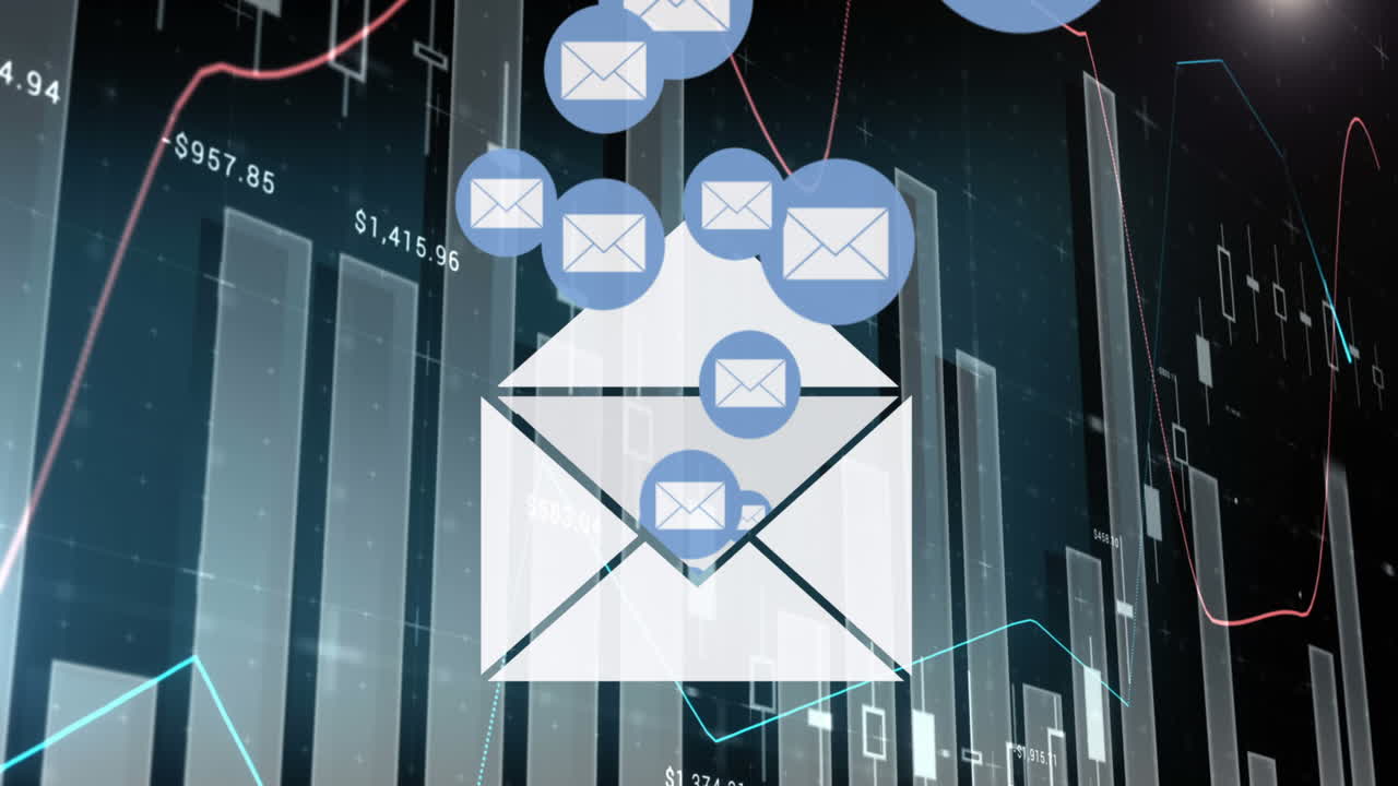 animación de iconos de correo con estadísticas y procesamiento de datos financieros