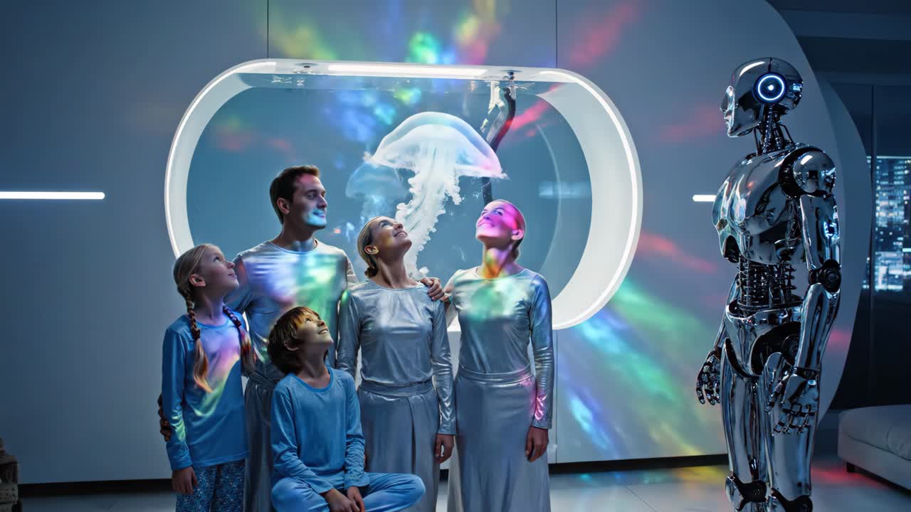 Family Meeting a Robot in a Futuristic Home Aquarium