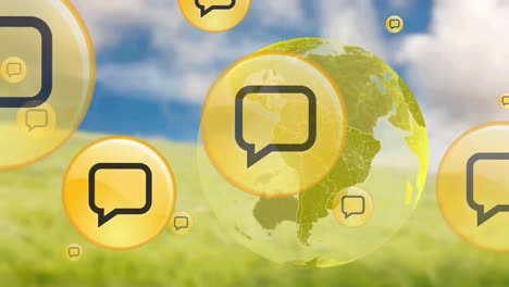 animation of yellow message icons and globe spinning over landscape