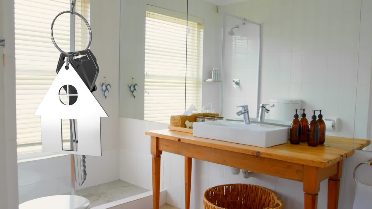 現代の浴室のインテリアに金色の家鍵を吊るすアニメーション