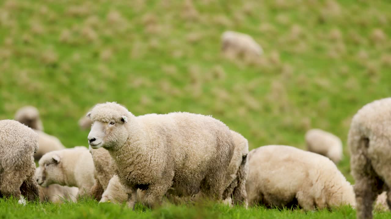 A flock of sheep and lambs graze on a lush, green hillside under soft natural daylight. Shallow depth of field and gentle camera movement create a calm rural atmosphere