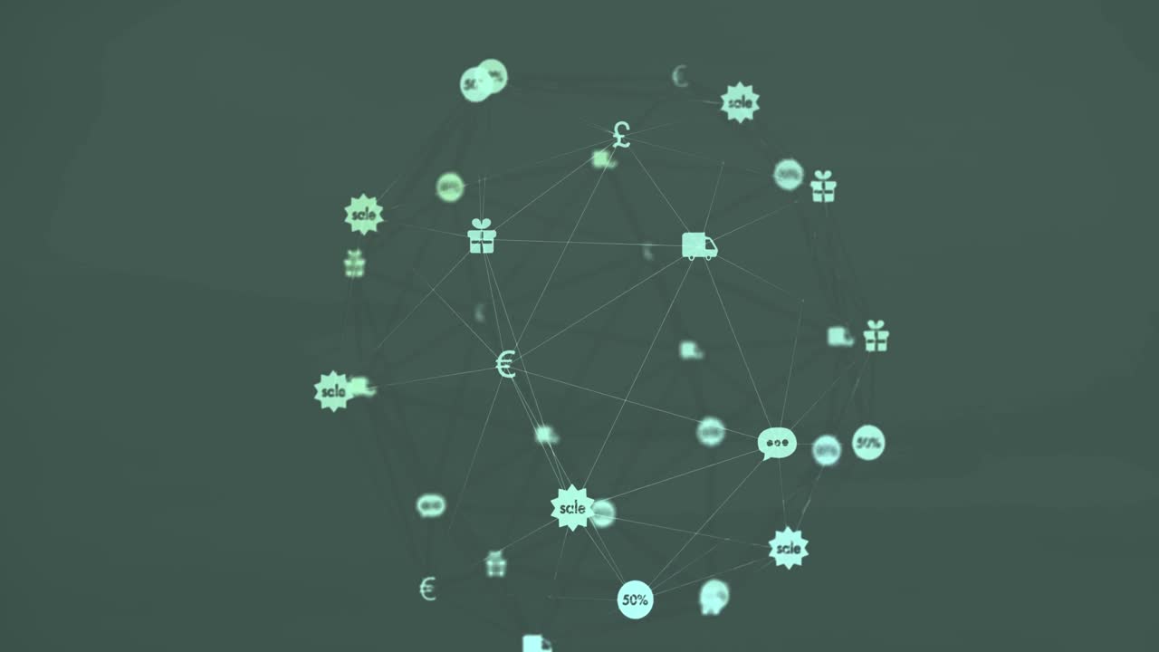 Animation of globe of digital icons spinning against grey background