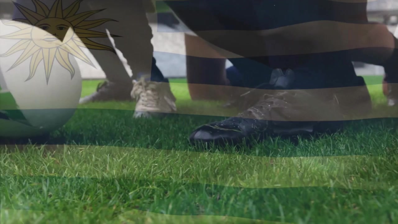 Animation af Uruguays flag over forskellige mandlige rugbyspillere, der spiller på stadion