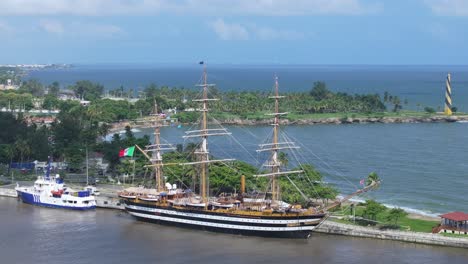 aerial old italian navy ship amerigo vespucci, port in the dominican republic