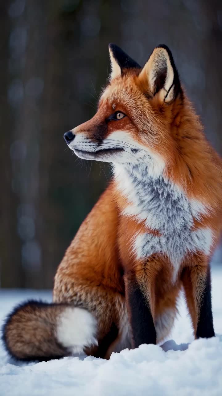 A majestic fox sits in the snow, captured in a close-up side angle