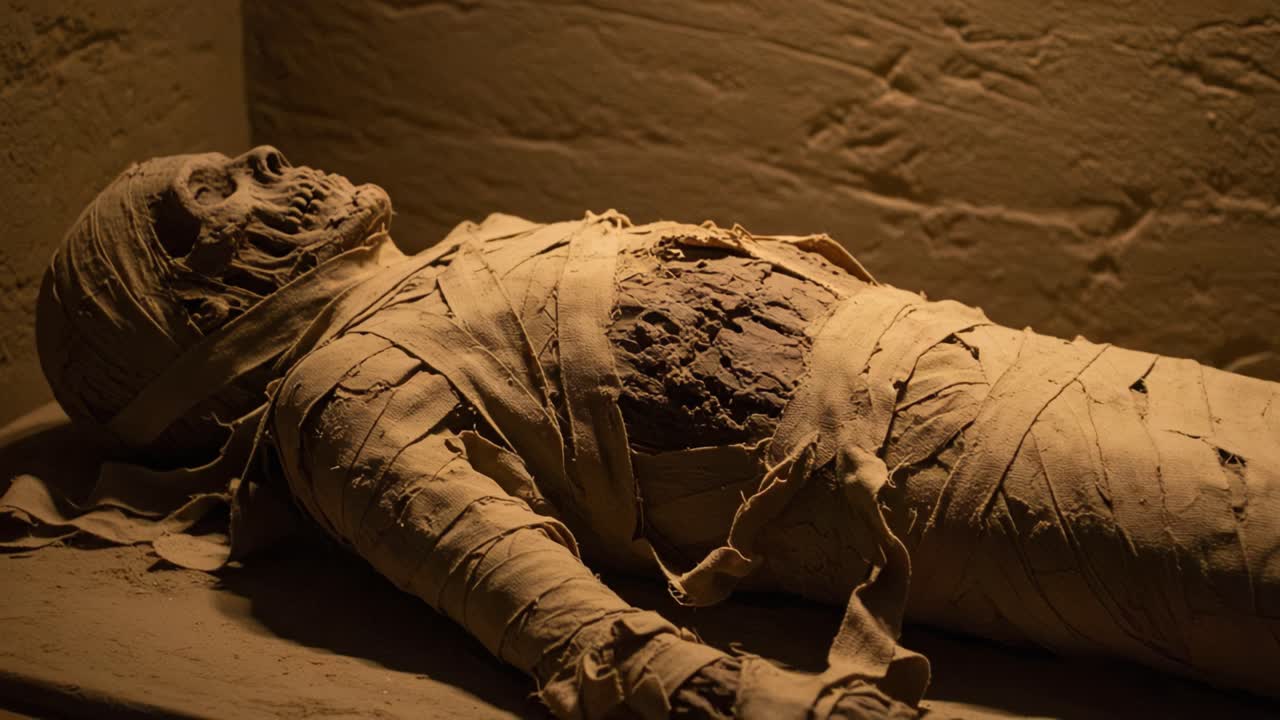 Unearthed Secrets: Discovering the Mysteries of an Ancient Mummy Lying in a Dimly Lit Chamber Awaiting Exploration and Study of Its Historical Significance and Preservation