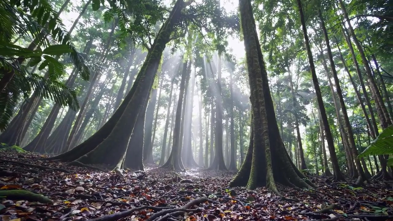 Rayos de sol atravesando el dosel brumoso de un bosque y hongos en las raíces de los árboles