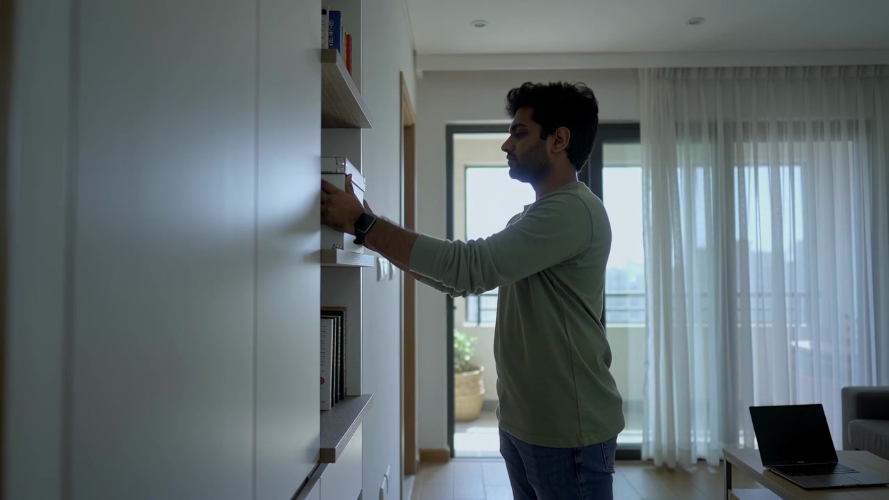 Reaching adult Indian male in green top, jeans pulling pull-out drawer at shelving, retrieving item