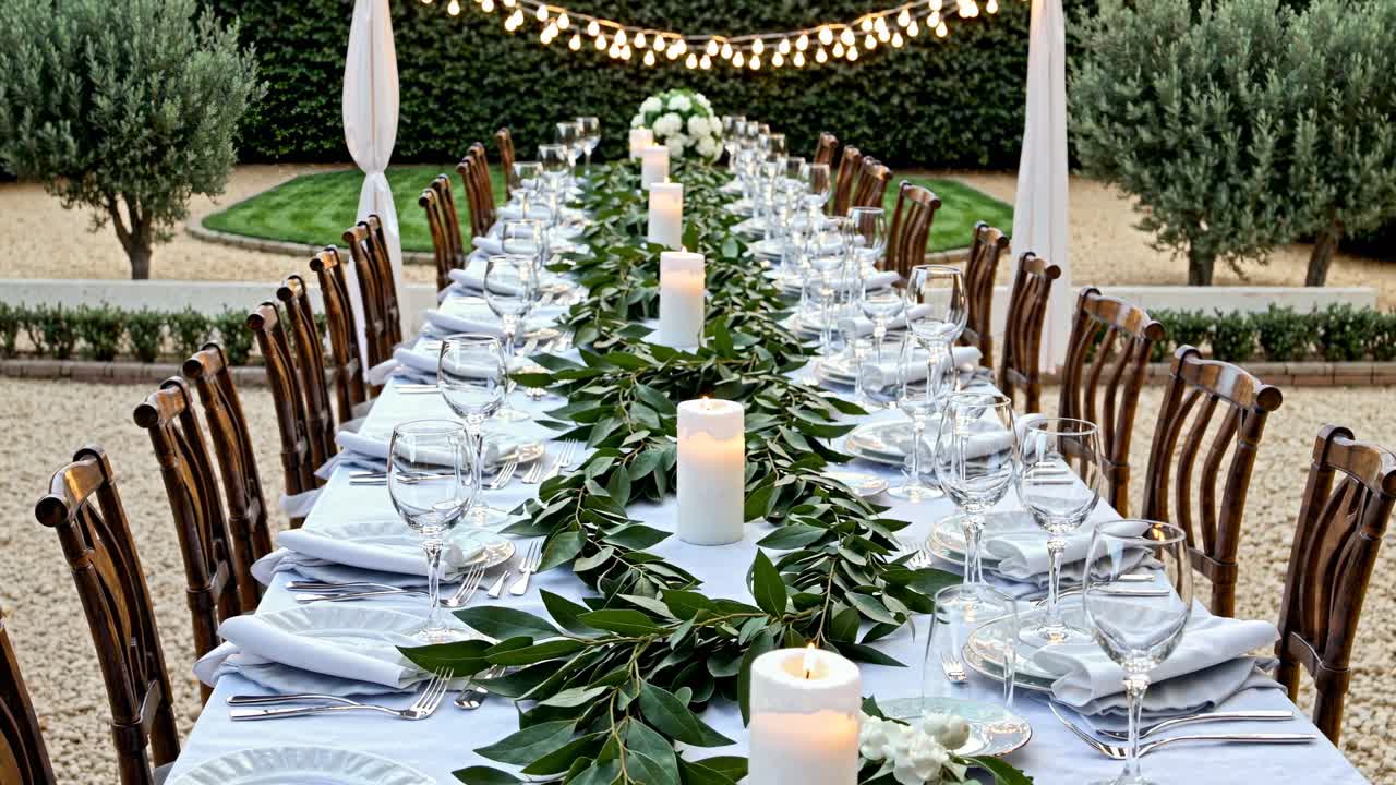 Elegante allestimento da pranzo all'aperto con un tavolo lungo decorato con vegetazione e candele