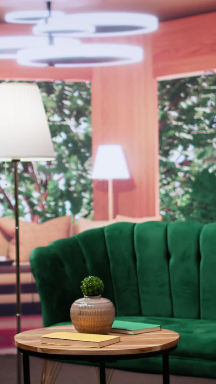 Vertical Video Elegant empty room with cozy green furniture and wooden table in lounge area