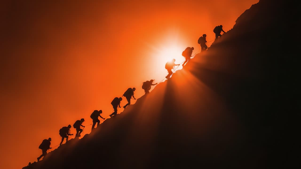 Una silhouette mozzafiato di alpinisti che scalano una ripida montagna sotto uno splendido tramonto, catturando lo spirito di avventura e determinazione nella natura.