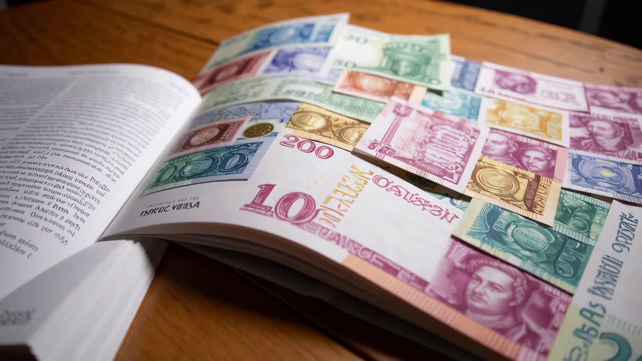 Open Book with Assorted Vintage Banknotes on Wooden Table