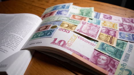 open book with assorted vintage banknotes on wooden table