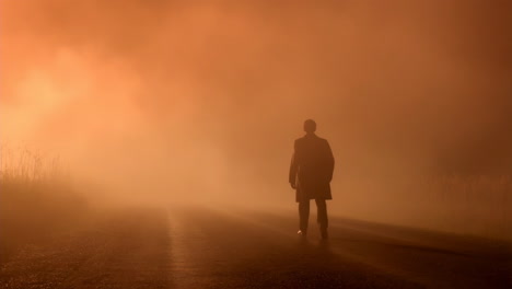 a man walks into the orange fog