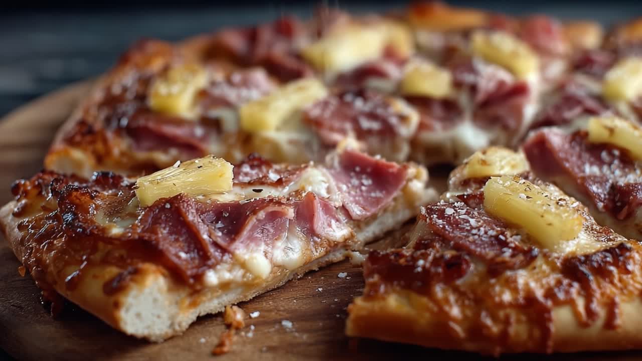 Pizza deliziosamente guarnita con prosciutto saporito e ananas dolce, cotta alla perfezione fino a una dorata croccantezza per un'esperienza culinaria gustosa.