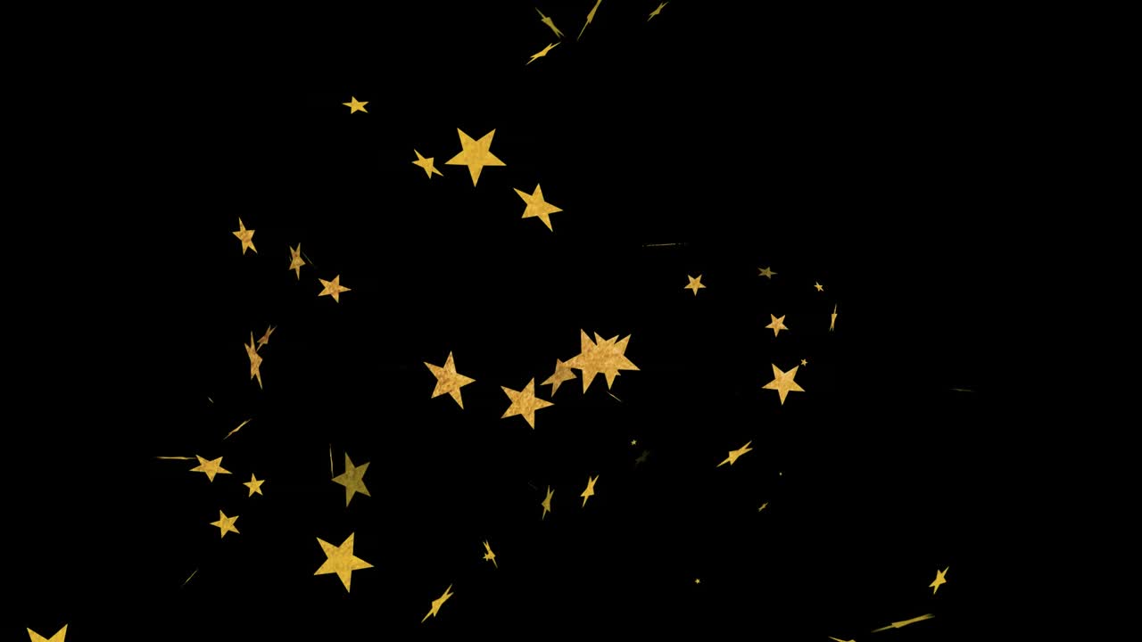 Gold stars entering causing purple bars moving tilted, forming band then fading, showing cluster