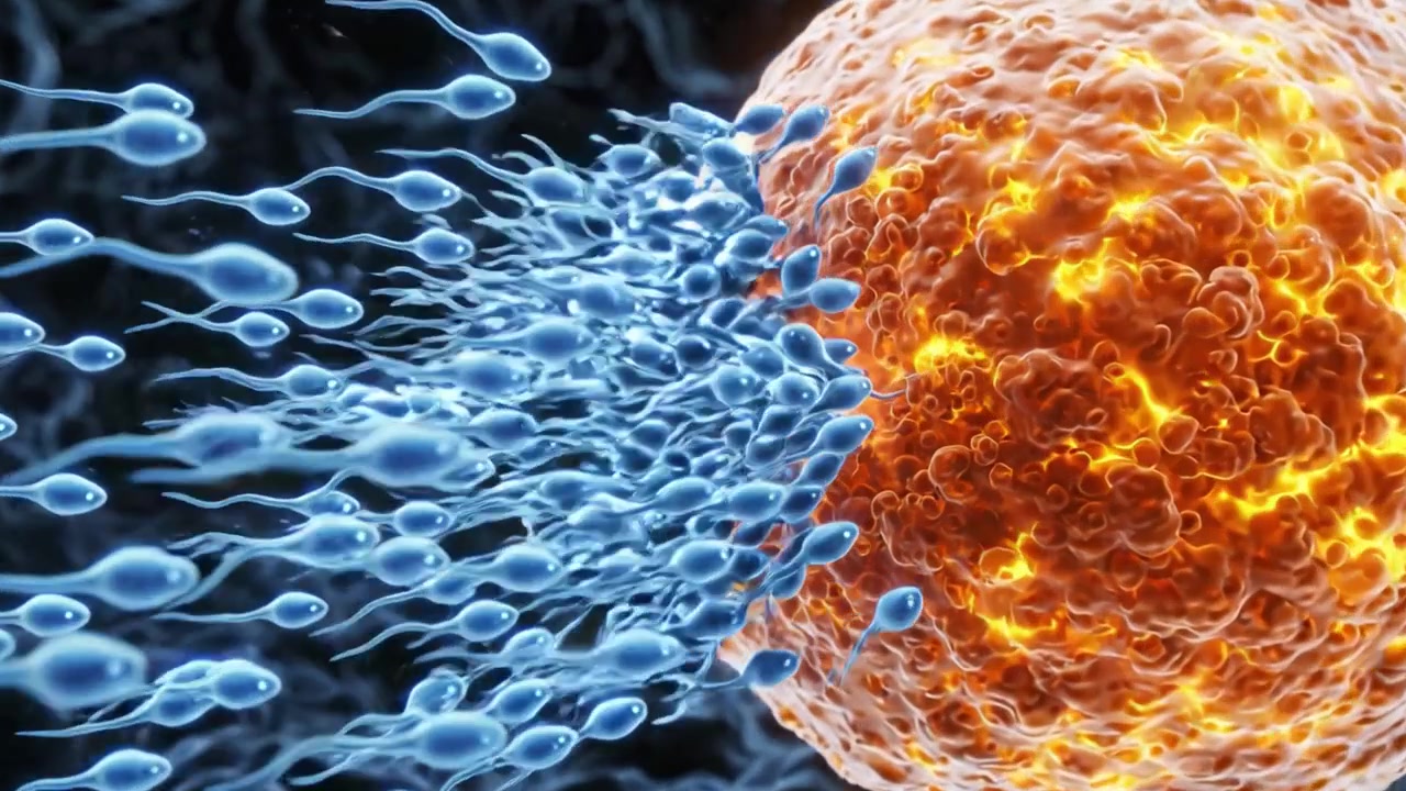 Una rappresentazione visiva della fecondazione, che raffigura spermatozoi che si avvicinano e penetrano un ovulo, illustrando le complesse interazioni della biologia riproduttiva.