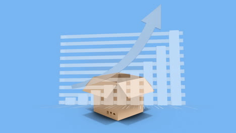 animation of statistics processing over cardboard box on blue background