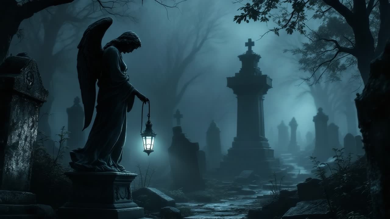 Angelic statue holding lantern in a misty graveyard, illuminating the eerie atmosphere
