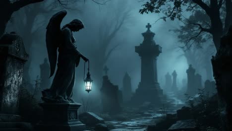 angelic statue holding lantern in a misty graveyard, illuminating the eerie atmosphere