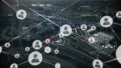 animation of network of connections with icons over cityscape