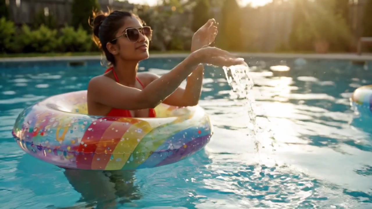 Relaxing in a Sparkling Pool: Enjoying a Warm Summer Day Floating on a Colorful Raft, Waving Light and Joy Under the Sun