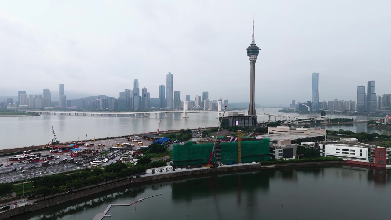 Torre di Macao, Ponte Sai Van e panorama urbano di Macao, vista drone