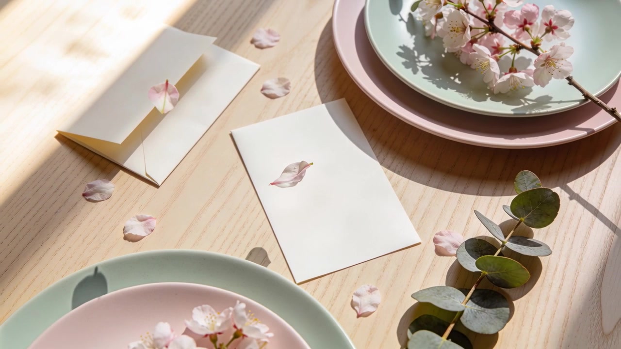 Drifting petals starting with single petal landing on blank card and envelope, sunlight shifting