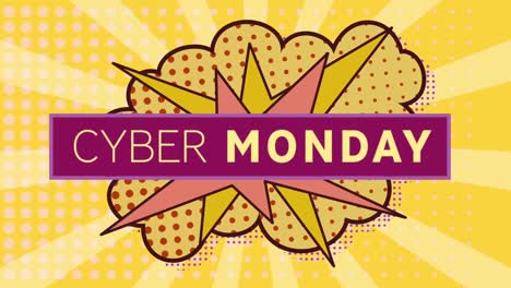 Animation-of-cyber-monday-text-over-retro-speech-bubble-against-yellow-radial-background