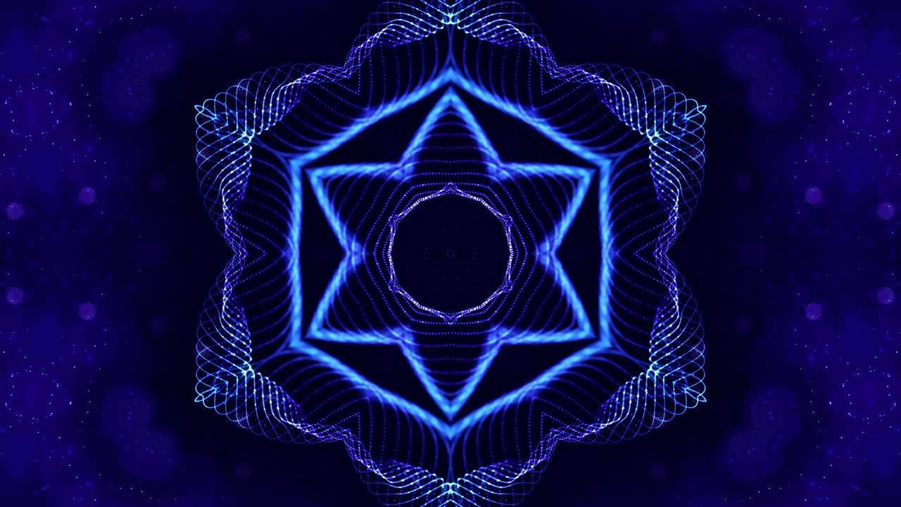 glow particles form complex symmetrical structures like star or flower. Kaleidoscopic effect. 4k looped sci-fi 3d bg with particles form lines, surfaces. Abstract theme of microworld or nanotechnology