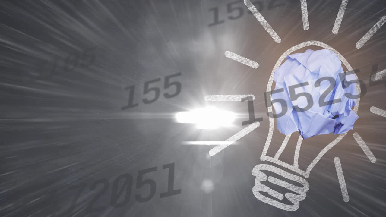 다수의 변화하는 숫자와 빛의 반점에 대한 전구의 디지털 애니메이션