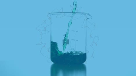 animación de formas giratorias sobre el fluido que se vierte en la taza de medición sobre fondo azul