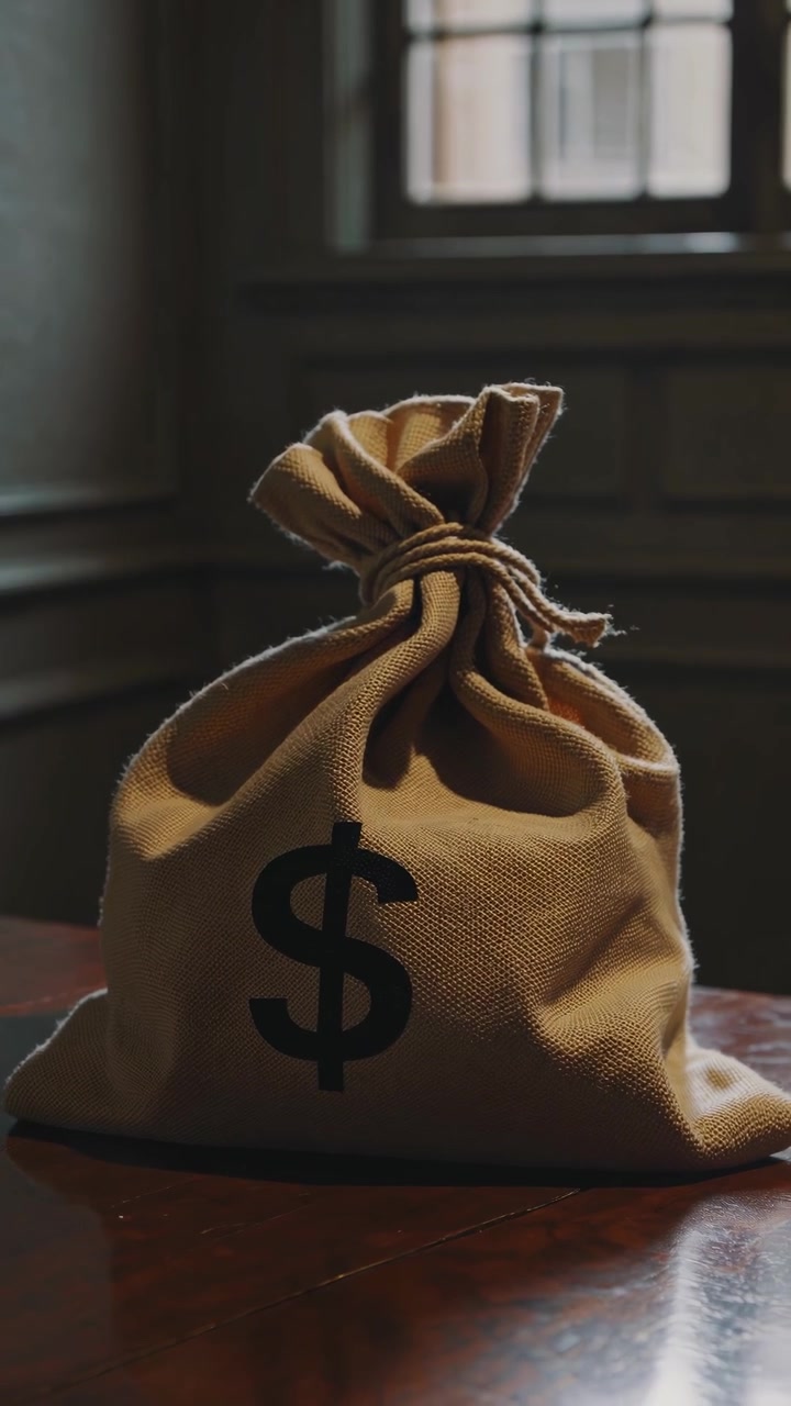 Geldsack mit Dollarzeichen auf einem Holztisch