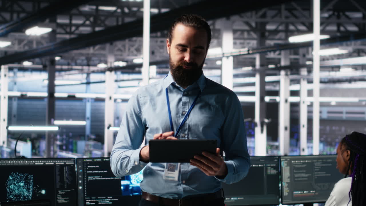 Man Briefing Investors On Server Room Machine Learning Hardware
